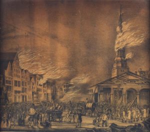 Hopfenmarkt und Nicolaikirche in Flammen. Der verhängnisvolle 5. Mai 1842. Zeitgenössische Druckgraphik